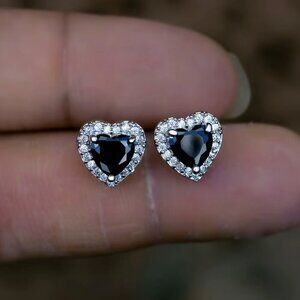 14k White Gold Black Sapphire Diamond Earrings Heart Stud Earrings